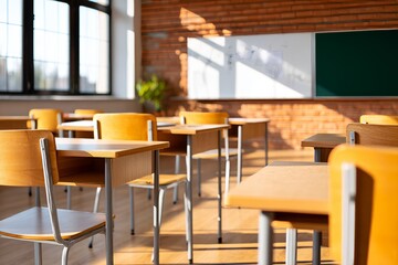 Fototapeta premium Bright and Spacious Classroom with Disordered Furniture and Marked Board