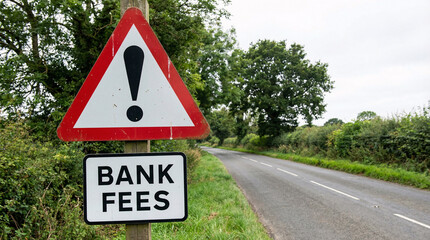 A road sign warning of bank fees on a rural road with trees and grass