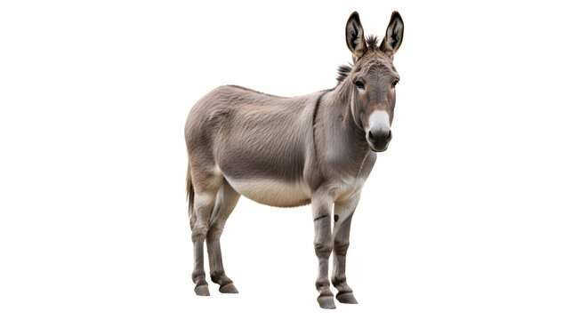A full body studio shot of a donkey standing on a white background.