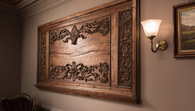 Classic vintage room interior featuring an antique wooden cabinet and a gold frame mirror on the wall beside a bright window