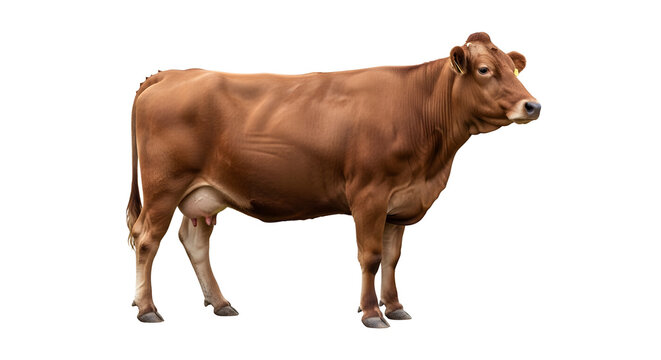 A full body studio shot of a brown cow standing on a white background.