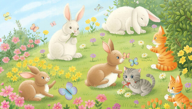 Happy cute cartoon Easter bunny and baby rabbit with colorful eggs in a green grass field under a blue sky for a spring holiday celebration illustration