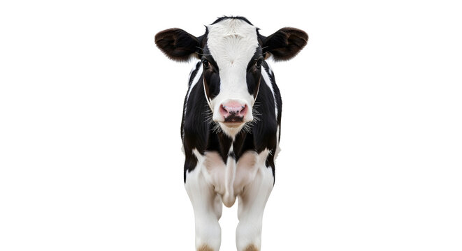 A young black and white Holstein Friesian cow stands facing the camera on a white background.