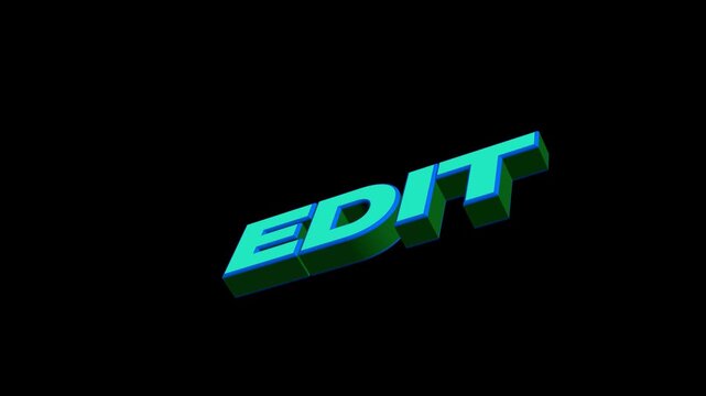 Cyan blue 3D EDIT word typography render on black background with perspective angle