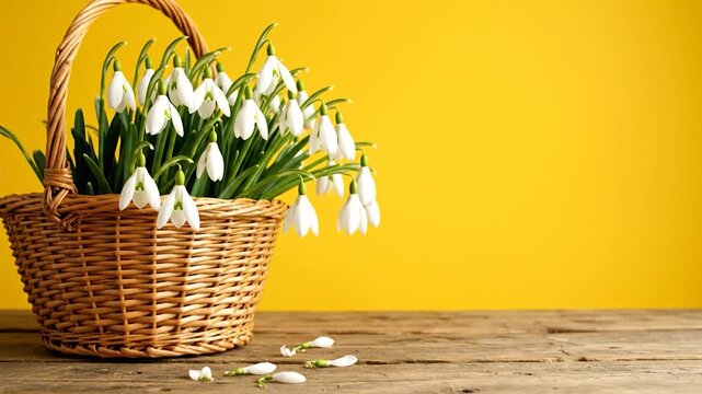 A wicker basket overflowing with snowdrop flowers, set against a bright yellow background