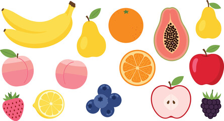 Fresh fruit assortment collection bananas papaya citrus cartoon vector illustration set isolated background © Sumon Creative
