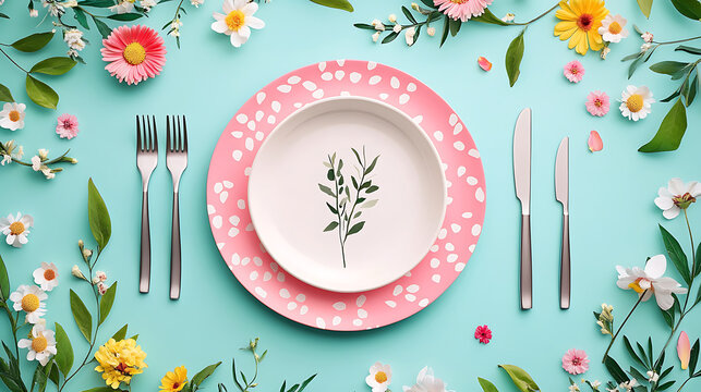Beautiful Spring Table Setting with Flowers Plates and Natural Light.