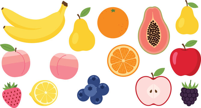 Fresh fruit assortment collection bananas papaya citrus cartoon vector illustration set isolated background