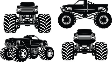 Set of Monster Truck Illustrations Featuring Oversized Tires, Elevated Suspensions, and Rugged Chassis in Stylized Automotive Artwork © Asik