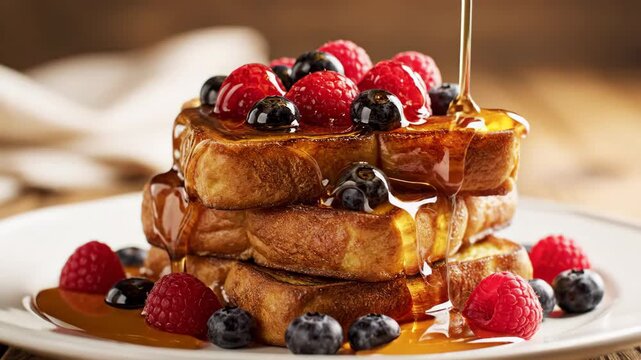 French toast stack with berries and maple syrup pouring 4K Video