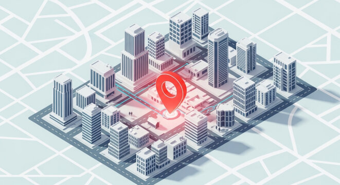 Isometric city map with red location pin on a light blue background with white lines