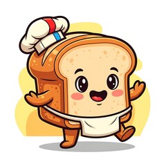 Obraz premium Cartoon bread chef illustration smiling and walking on yellow background