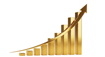 A golden arrow pointing upwards superimposed on a series of ascending golden bars symbolizing growth and success high quality