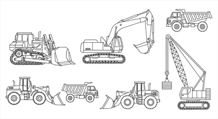 Construction Vehicle Icon Set – Heavy Machinery Line Vector for Engineering and Infrastructure Work © RNB DESIGN