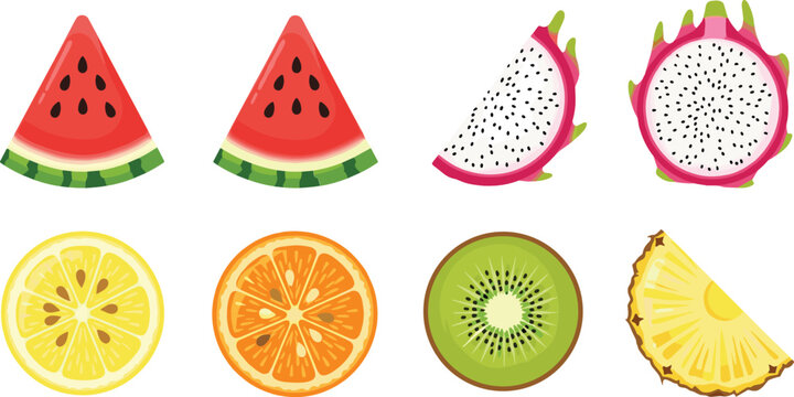 Fresh fruit slices collection watermelon dragonfruit citrus kiwi cartoon vector illustration set isolated background
