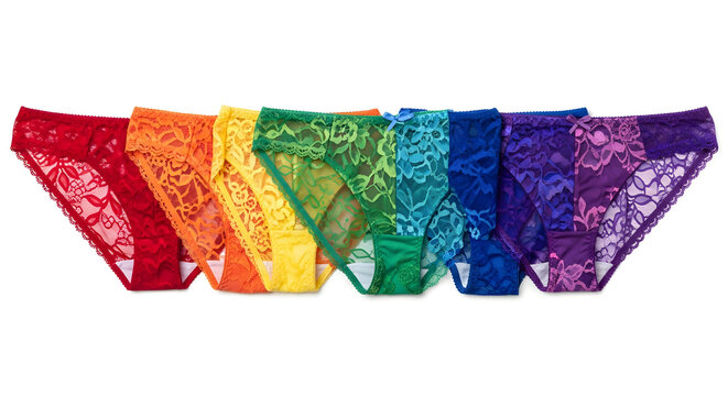 Colorful Lace Thong Underwear in Rainbow Spectrum, Elegant Women's Lingerie on White Background