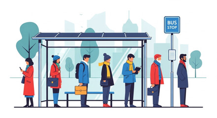 People waiting in line at a bus stop during winter. © Wir