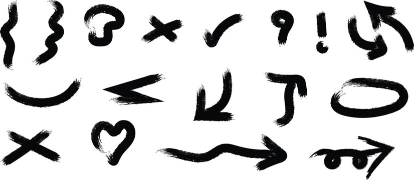 Brush Stroke Doodle Symbols Arrow Heart Check Cross Question Exclamation Squiggle Curl Loop Unicode Text Art Icons Pack