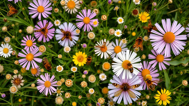 A top-down view of a meadow filled with wildflowers, bees, and butterflies, capturing the harmonious coexistence of different species in a biodiverse habitat
