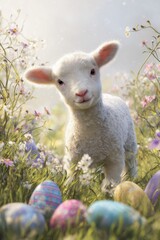 Obraz premium Adorable baby lamb in spring meadow surrounded by pastel Easter colors