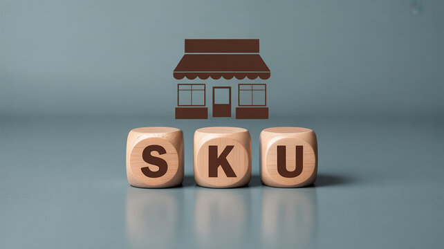 Three wooden dice spelling SKU with a shop icon above, representing stock keeping units in retail business.
