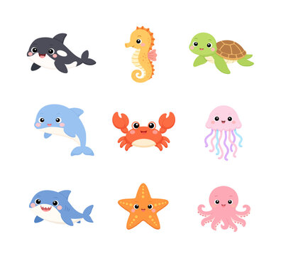 A playful and clean flat cartoon ocean animal set featuring orca whale, seahorse, sea turtle, dolphin, crab, jellyfish, shark, starfish, and octopus.
