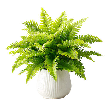 Lush green fern plant in a decorative ribbed ceramic pot.