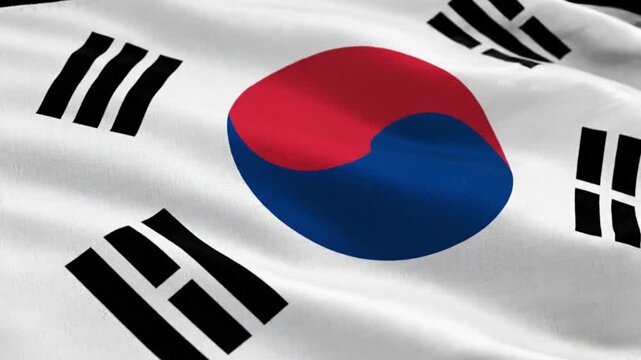 South Korean national flag waving gently in the wind, symbolizing unity and harmony with its iconic red and blue emblem surrounded by black trigrams on a flowing white fabric