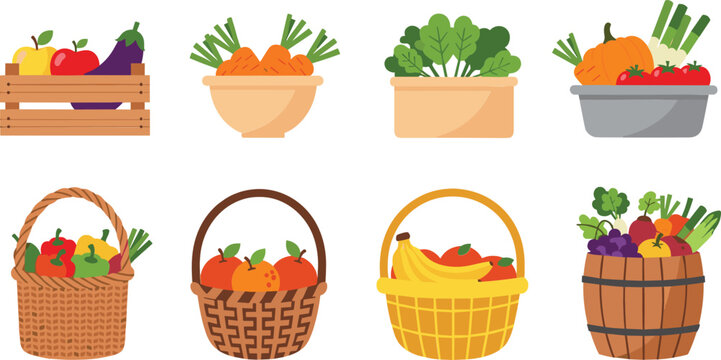 Fresh vegetables and fruits baskets collection cartoon vector illustration set isolated background
