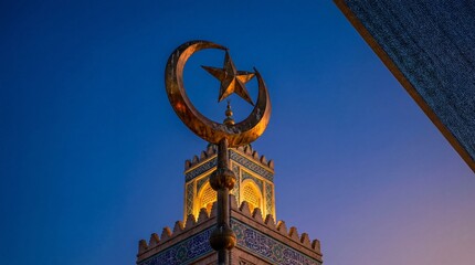 Golden Islamic Crescent Moon and Star Symbol on Mosque Minaret Against Blue Sky