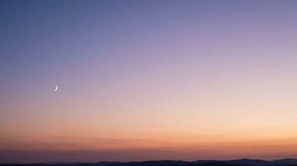 Minimalist gradient sunset sky with crescent moon and faint horizon