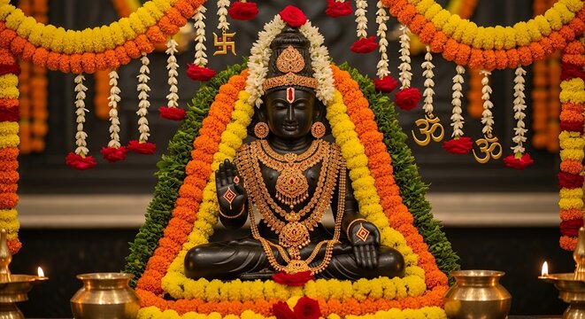 Devotional shot of the meditating mahavir tirthankara statue adorned with warm orange and red garlands for mahavir jayanti.
