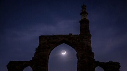 Crescent Moon Through Ancient Stone Archway and Minaret at Twilight