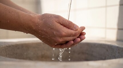 Close up of woman's cupped hands under running water in a stone sink