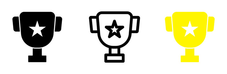 Trophy award cup icon set in solid and outline styles representing achievement, victory, prize, and competition recognition. Clean simple symbols suitable for ranking, reward, sports, and success visu