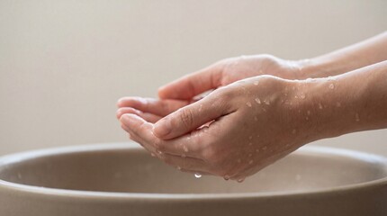 Close-up of Cupped Wet Hands Over Beige Ceramic Basin
