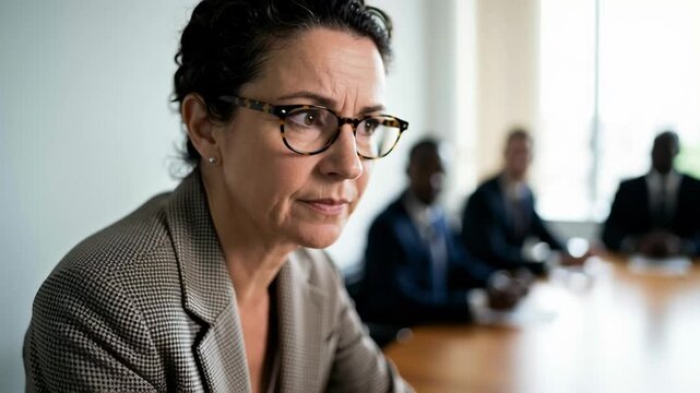 Woman leader empowerment feminism unity focus business meeting corporate boardroom scene showing serious leadership quiet strength and thoughtful