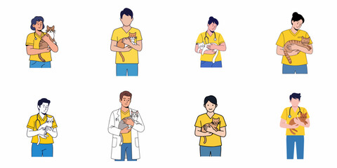 Fototapeta premium A collection of diverse cartoon illustrations featuring veterinarians and animal healthcare professionals holding and caring for various cats, symbolizing pet health and welfare.