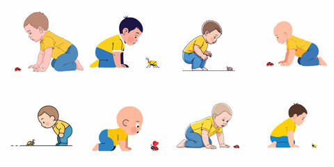Collection of illustrations showing curious babies and toddlers kneeling and observing small insects and ladybugs, emphasizing childhood discovery.
