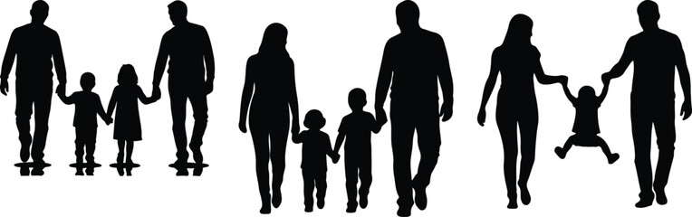 Family silhouettes walking, holding hands, with playful children.
