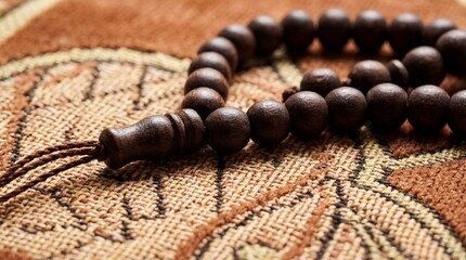 Close-up of Dark Brown Wooden Prayer Beads on a Brown Textile Mat