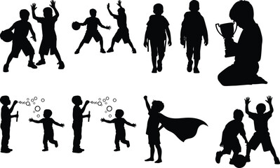 Obraz premium Boys playing sports, blowing bubbles, and celebrating victory.