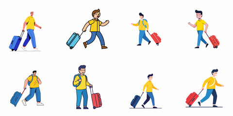 Naklejka premium Set of vector illustrations featuring men traveling with rolling suitcases and backpacks, depicting concepts of tourism, business travel, and transportation.