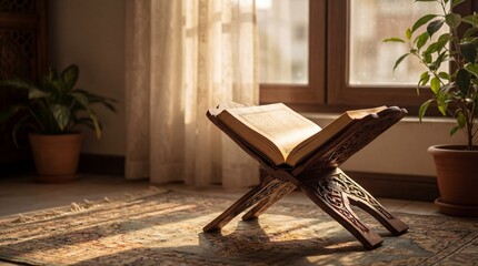 Open Holy Quran on Ornate Wooden Rehal Stand by Sunny Window
