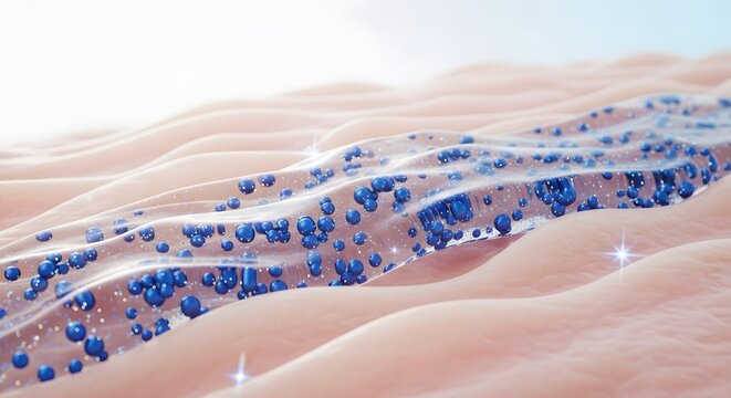 Abstract medical illustration of serum with blue microcapsules flowing on skin surface