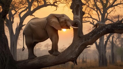 Fototapeta premium Elephant on branch at sunrise