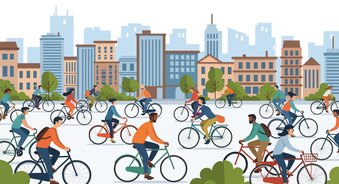 Group of Cyclists Riding Bicycles in City.