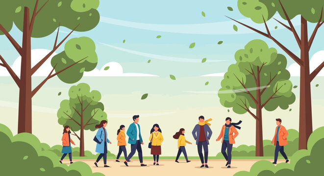 Group of People Walking in Park.