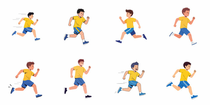 Set of eight running boy cartoon characters in yellow shirts and blue shorts, illustrating different movement sprites for fitness, sports, or animation.