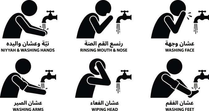 Black and White Islamic Ritual Washing Guide with Tap Water Icons for Religious Education and Worship Design